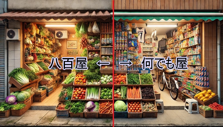 ２つのお店の写真。左は野菜専門店で、右は何でも屋